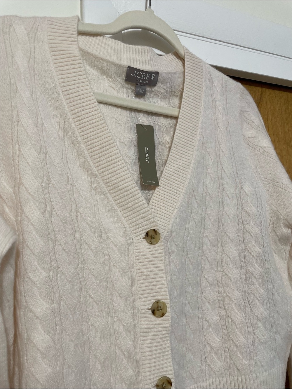 J. Crew Cashmere shrunken cable-knit V-neck cardigan sweater, Snow, L, NWT - Picture 7 of 16